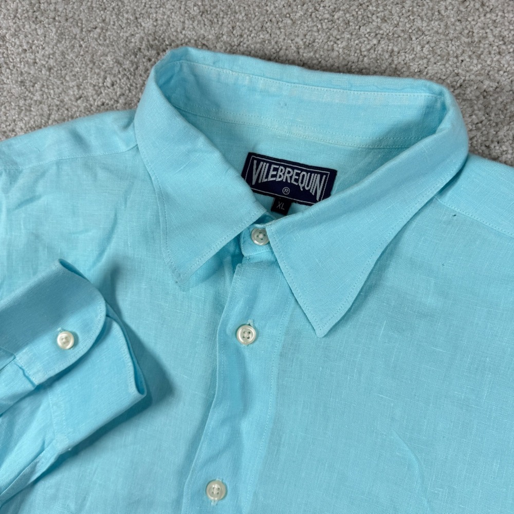 Vilebrequin Button Down Shirt Mens XL Blue 100% Linen Long Sleeve Pocket